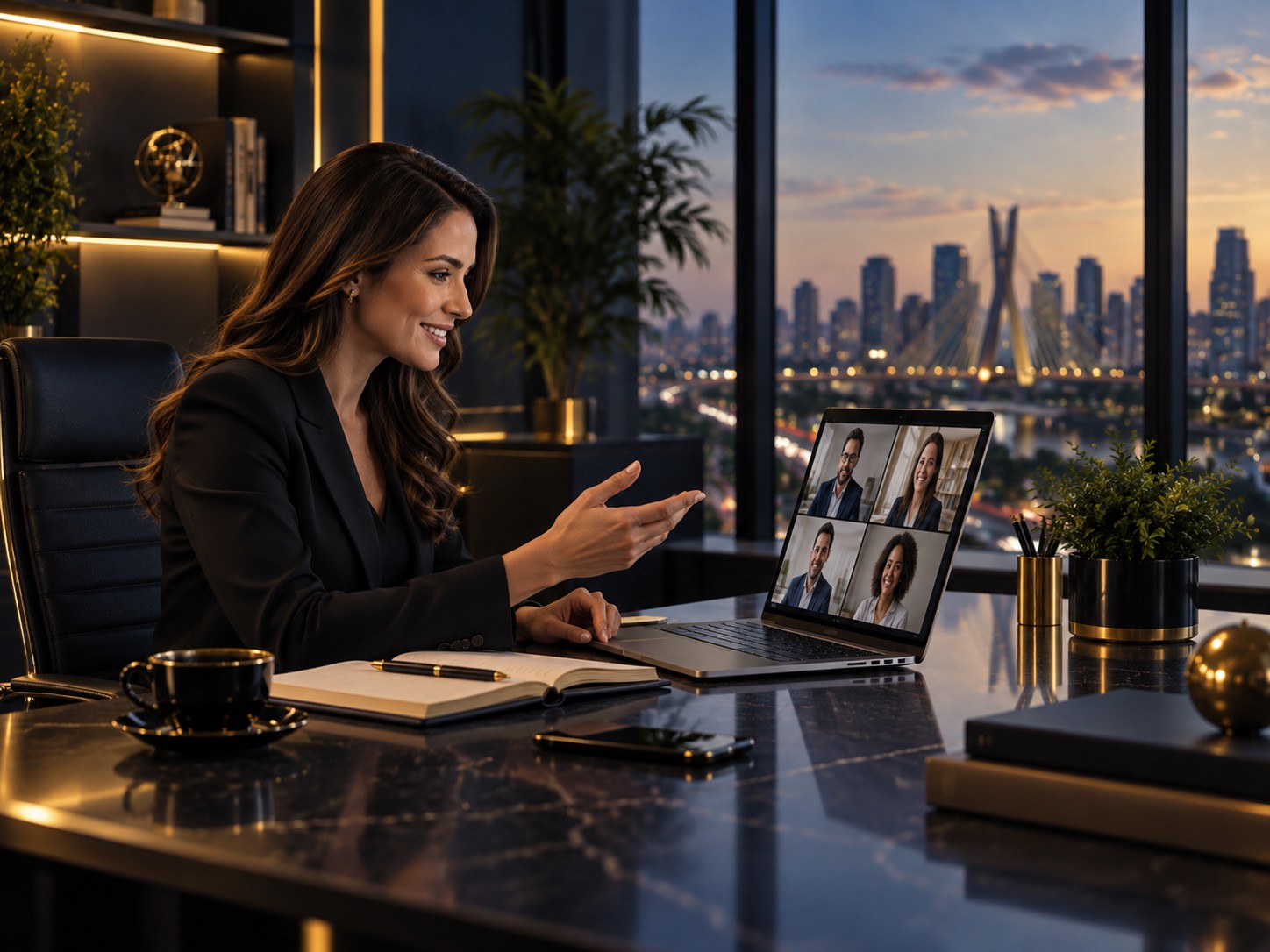 Atendimento empresarial online em videochamada com notebook em escritório executivo