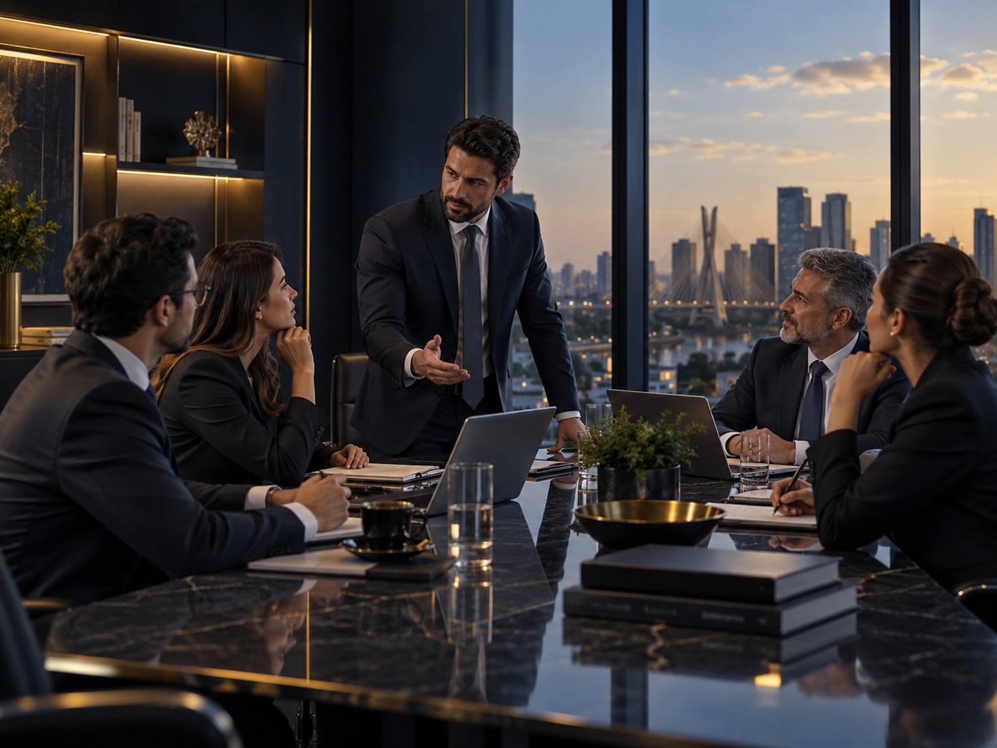Reunião executiva da equipe em ambiente corporativo sofisticado